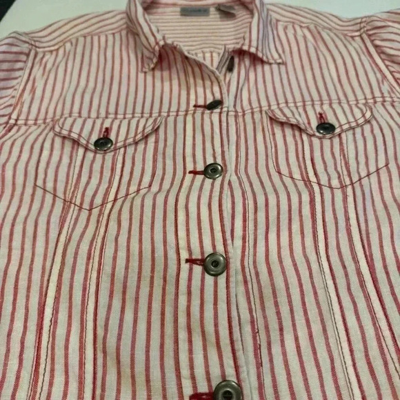 Chico’s LINEN Button Down Pink/white Stripe Shirt W/Pockets/metal Buttons Sz XL - Picture 7 of 7